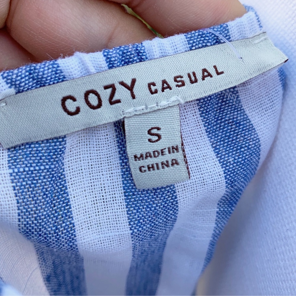 Wide Leg Linen Blue and White Striped Jumpsuit - Picture 5 of 6